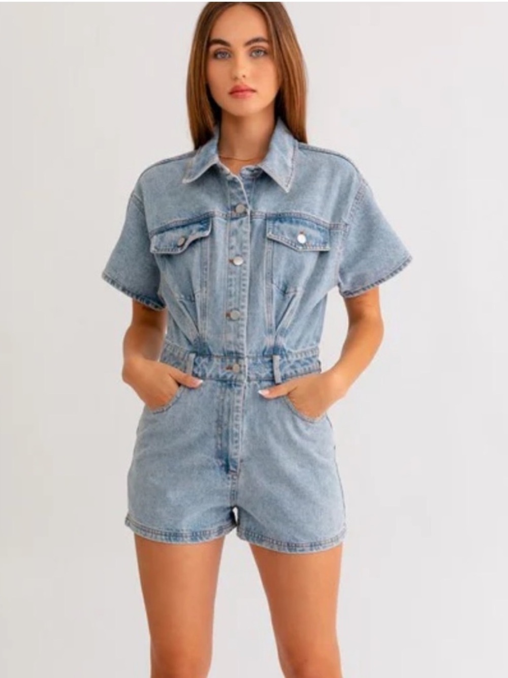 Le Lis Blue Denim Jean Romper Shortall size Small